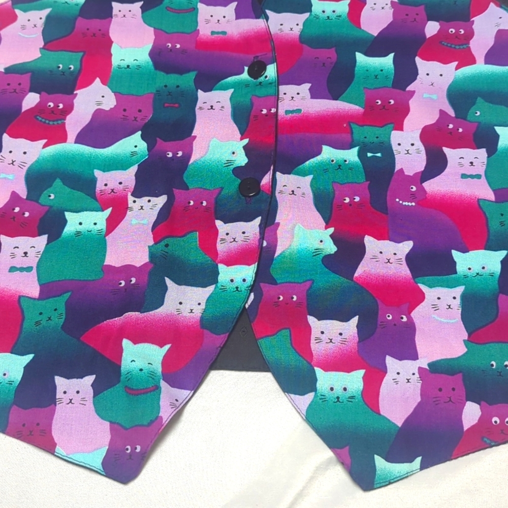 Orvis Vintage Kitschy Cat Lover Bold Colorful 2 Button Vest Purple Teal Pink - Picture 4 of 6